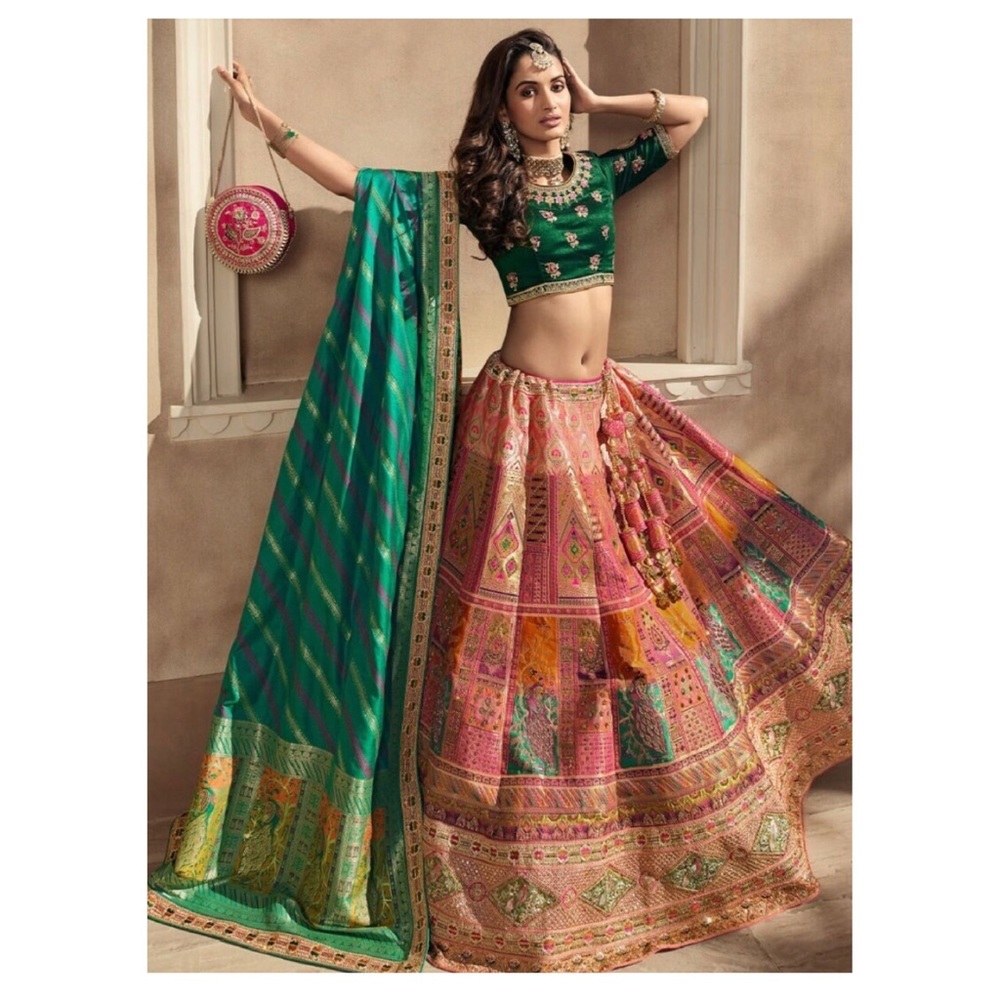 Designer Pink and Green embroidered banarasi silk Lehenga Choli